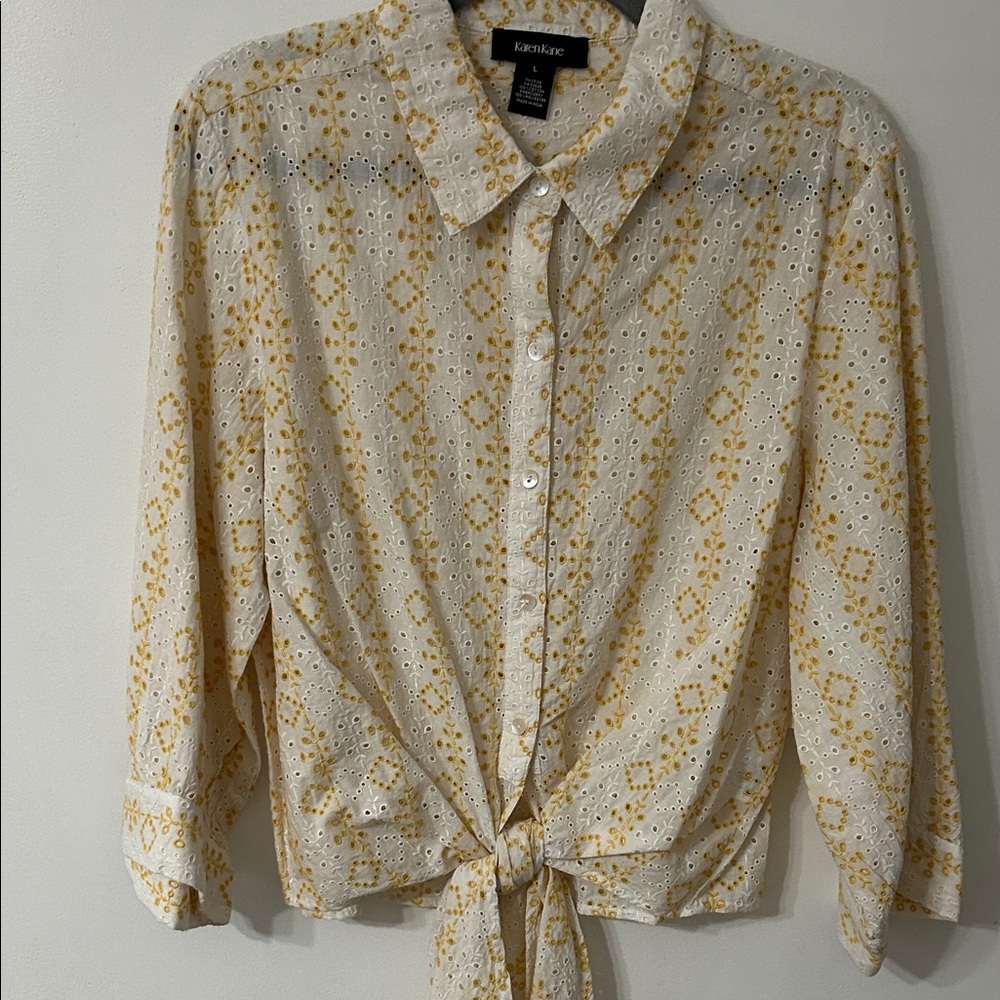 Karen Kane Tie Front Blouse Women’s L Tropic Sun Eyelet Bell Sleeves Spring NWT - Picture 13 of 15